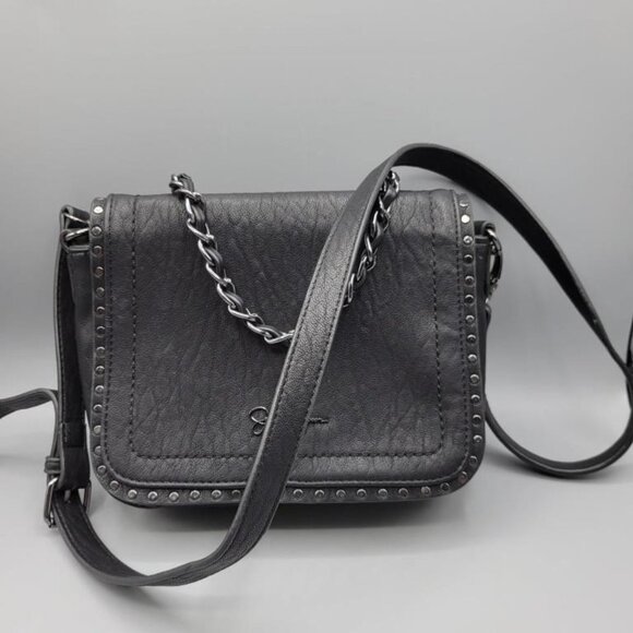 Jessica Simpson Black Leather Flap Messenger Bag w/ gunmetal chain & long strap - Picture 2 of 9